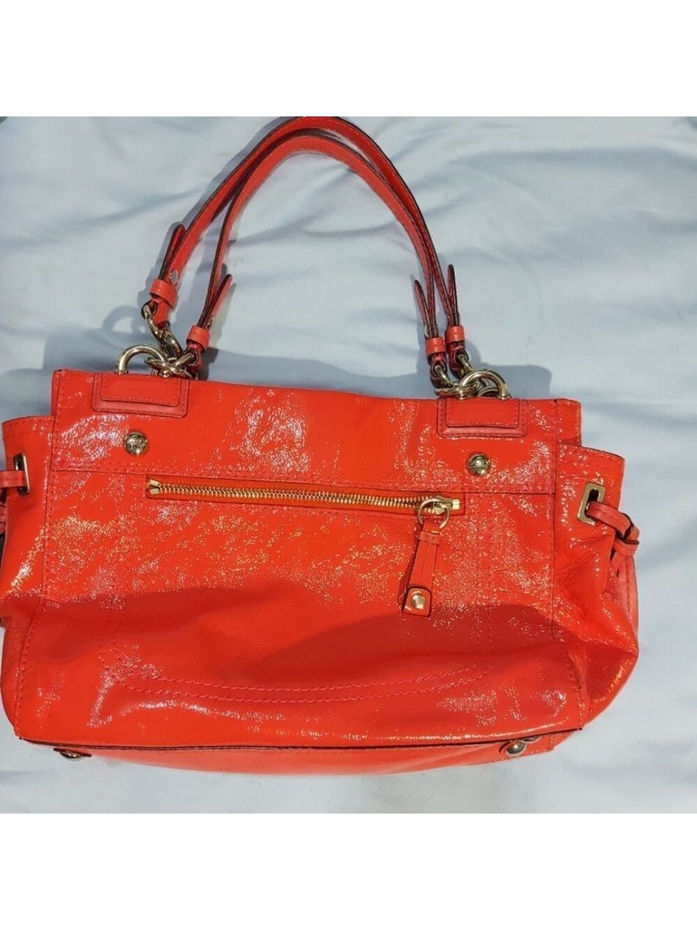 Coach Peyton Patent Leather Turnkey Satchel Carryall Coral handbag purse - Picture 3 of 12